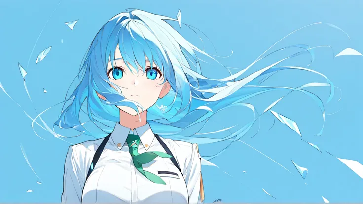 
Masterpiece, Best Quality, Top Quality, Very Detailed, An anime-style character with long, flowing blue hair billowing in the wind. She wears a futuristic outfit combining white and black, along with a signature green tie. The bright blue background is fi...