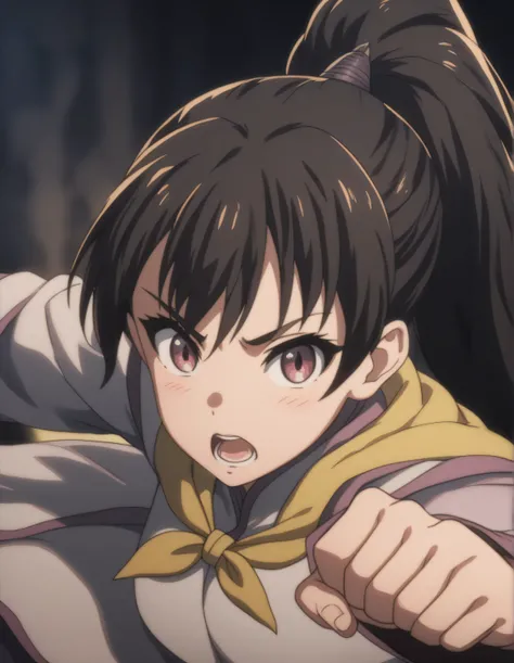 score_9,  score_8_up, score_7_up, gsfghtr, multicolored robe, long ponytail hair, black hair, neckerchief, ((open mouth)),
cinematic Lighting, 1girl,solo,looking at viewer,blush,closed mouth,fighting stance, dragon's head as background