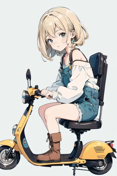   beautiful anime-style illustrations  .   A brown-striped cat is sleeping on a pale blue scooter seat.   A blonde woman is crouching beside her scooter  , Staring at the cat.   The woman is wearing a green off-shoulder top  , Denim shorts and brown boots....