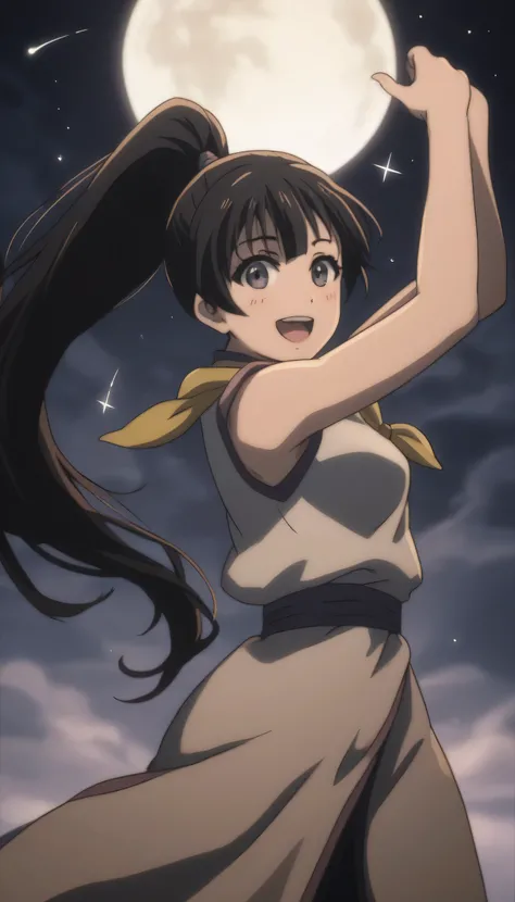 score_9, score_8_up, score_7_up, gsfghtr, (long ponytail hair), (black hair), multicolored robe, neckerchief, sleeveless, cinematic Lighting, 1girl,solo,looking at viewer,blush,smile, open mouth,romantic place, moon, shooting stars, armpits, (bright lighti...