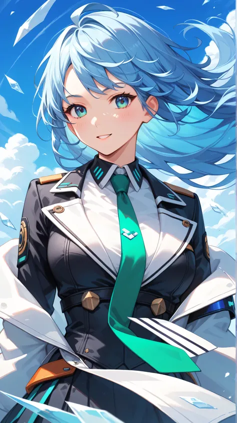 
Masterpiece, Best Quality, Top Quality, Very Detailed, An anime-style character with long, flowing blue hair billowing in the wind. She wears a futuristic outfit combining white and black, along with a signature green tie. The bright blue background is fi...