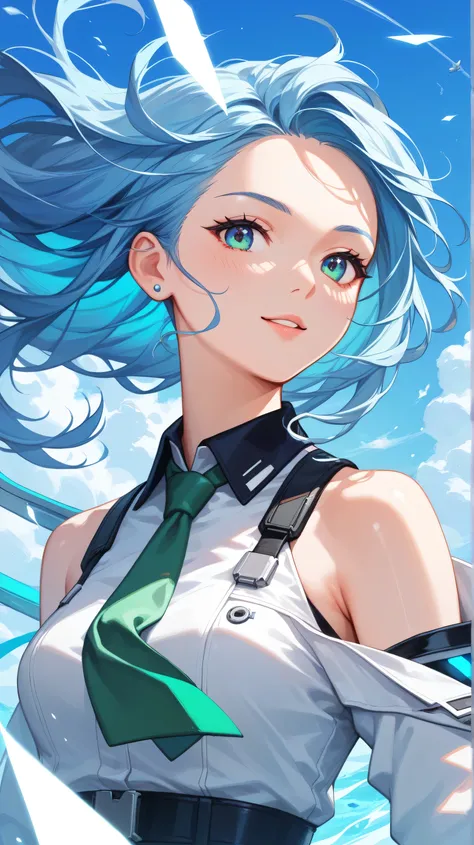 
Masterpiece, Best Quality, Top Quality, Very Detailed, An anime-style character with long, flowing blue hair billowing in the wind. She wears a futuristic outfit combining white and black, along with a signature green tie. The bright blue background is fi...