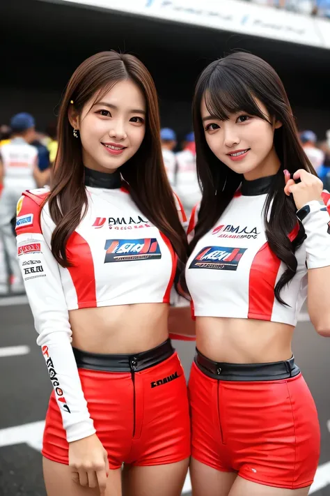  Two race queens stand smiling on the ,  long hair , 4 straight hair , round face , bust up ,  medium breasts,18 years old,レース前に、trash-covered idol、formula car starting grid before the race, audience , close-up,