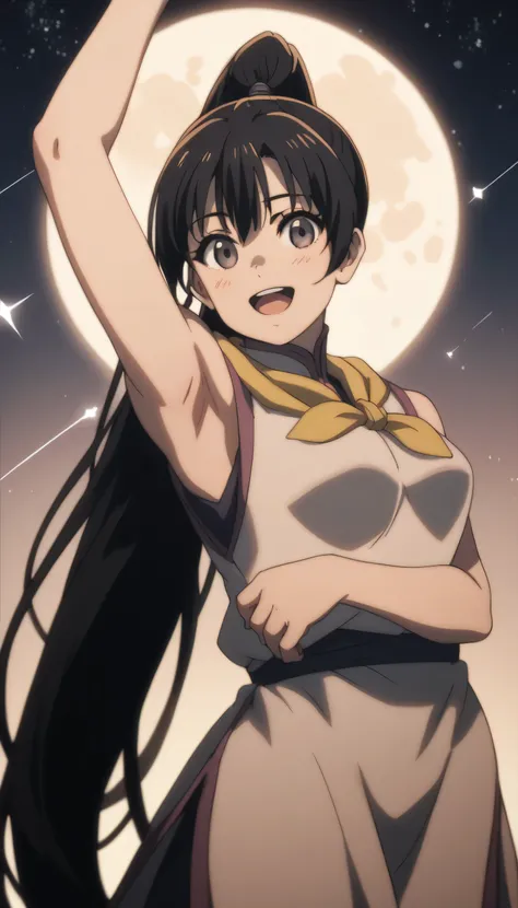 score_9, score_8_up, score_7_up, gsfghtr, (long ponytail hair), (black hair), multicolored robe, neckerchief, sleeveless, cinematic Lighting, 1girl,solo,looking at viewer,blush,smile, open mouth,romantic place, moon, shooting stars, armpits, (bright lighti...