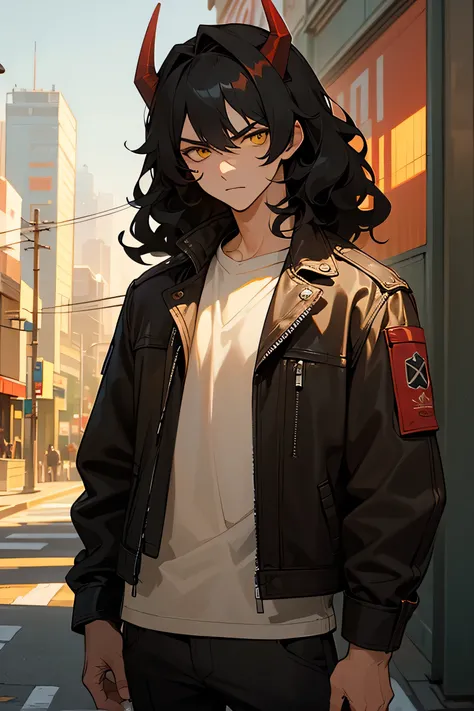 1male, finely detailed, yellow eyes, (wavy medium hair), black hair , red horns, winter clothing, leather jacket, serious expression, (perfect generation), amazing quality, detailed background, perfect quality, looking at viewer, modern city background, st...