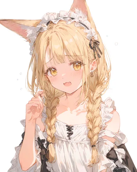 Shinosawa Hiro ,thin, yellow eyes, Gold,長い braids,flat chest,white background,The chestnut mouth,is embarrassing, braids,金の fox ears, fox ears, skirt flip, maid apron