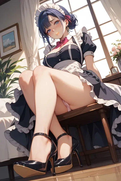 1 girl、Maid、 sitting、 high heels、 from below、is embarrassing、 sukesuke panties、 puffy lips、masterpiece、TOP QUALITY、 uncensored