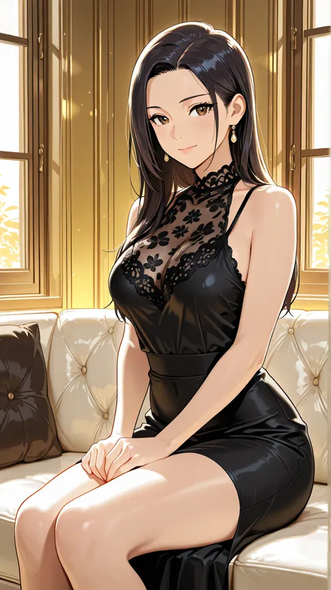 Masterpiece, Best Quality, Top Quality, Very Detailed, The image features an anime-style female character with long, dark hair and striking brown eyes. She is dressed in an elegant black outfit with lace details, sitting on a luxurious couch bathed in warm...