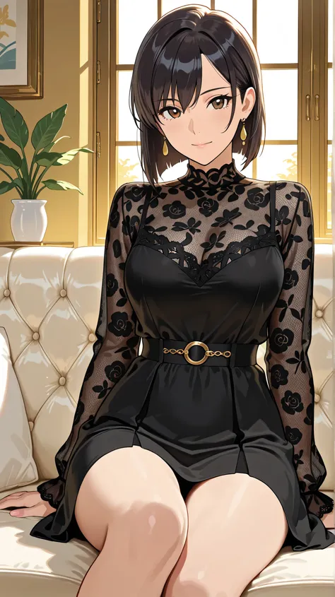 Masterpiece, Best Quality, Top Quality, Very Detailed, The image features an anime-style female character with long, dark hair and striking brown eyes. She is dressed in an elegant black outfit with lace details, sitting on a luxurious couch bathed in warm...