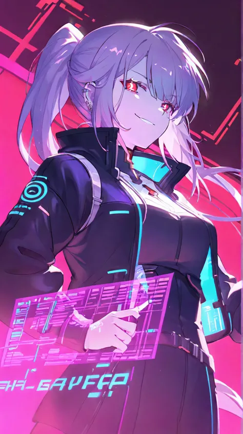 Masterpiece, Best Quality, Top Quality, Very Detailed, A cyberpunk anime girl with long, flowing purple hair glowing under neon lights. She has piercing red eyes and a confident smirk, wearing a stylish black outfit with futuristic accessories. The backgro...