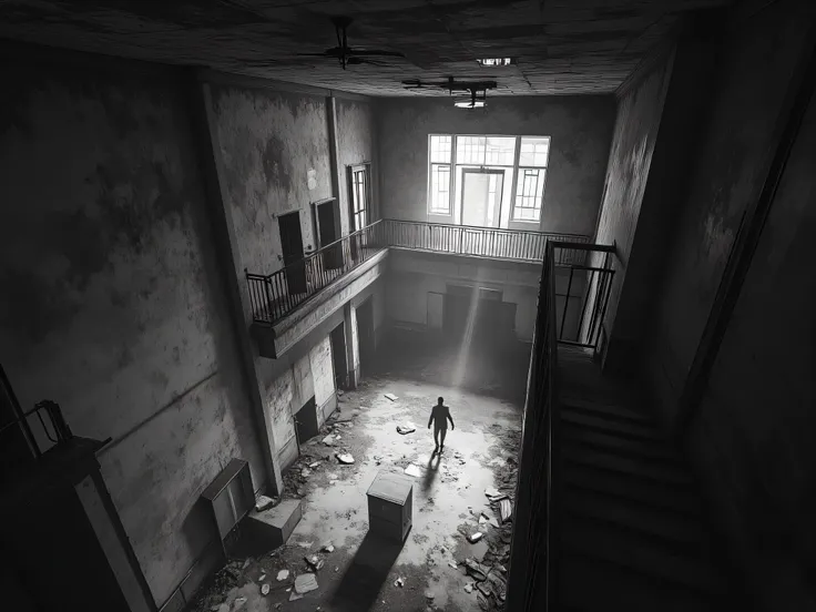 interior hall of an abandoned and haunted hotel in monochrome and low quality cctv footage of a horror scenario