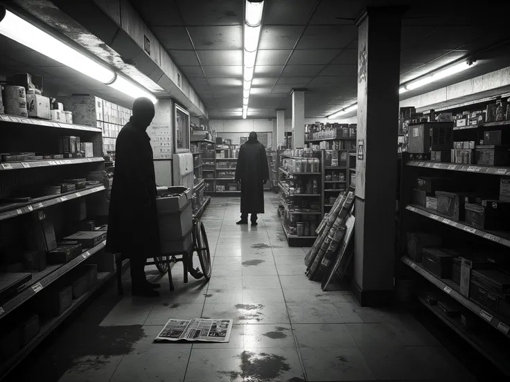 interior of an abandoned convenience store in monochrome and low quality cctv footage of a horror scenario