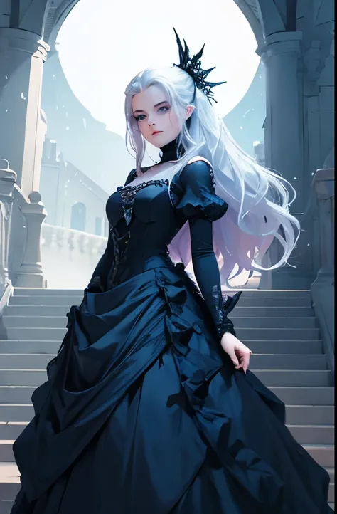 arafed image of a ghost standing in a castle with a staircase, concept art inspired by Charlie Bowater, deviantart contest winner, gothic art, style of charlie bowater, queen of the ghosts, charlie bowater art style, in style of charlie bowater, irridescen...