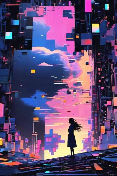 soft cover, pastel color, digital illustrator, features a dark, eerie digital landscape where identity and reality intertwine. In the foreground, a pixelated silhouette of a woman, symbolizing the elusive and fragmented nature of Luna, is partially distort...