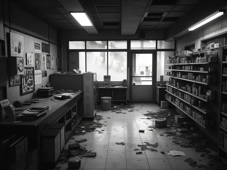 interior of an abandoned convenience store, in monochrome and low quality cctv footage