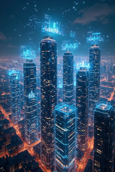 "A futuristic and vibrant cityscape filled with towering skyscrapers made of transparent glass. Each building represents a different dataset, illuminated with bright, colorful lights forming intricate patterns and charts. Floating holographic screens displ...