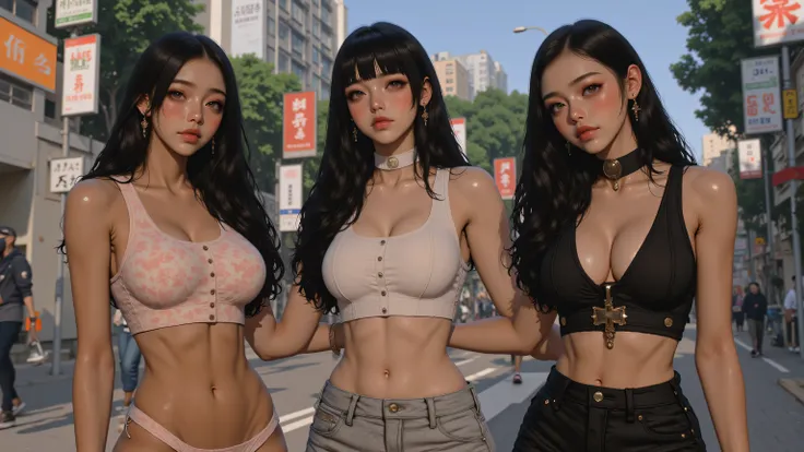 (((3 girls))), ((( very realistic ))), 8k,  masterpiece, top quality, Beautiful Korean Women, Eye Level View ,  smiles, long dark hair,  Thin Body , (((Tank top showing very big boobs))), shorts,  hands below waist,  comfortable pose ,  city streets