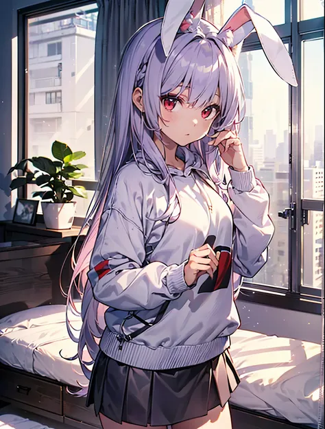 realistic,Highest quality, Super Detail, high quality CG rendering,  THE MOST DELICATE AND BEAUTIFUL ,  floats softly, high resolution, (1 girl), (Highest quality,4K,8k,masterpiece:1.2), ( light purple hair:1.5),( pretty long hair:1.5),( red eyes:1.5),(Rab...