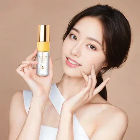 Close-up of a woman holding a bottle of liquid, Li Zhien, Lee Ji-eun, Bae Suzy, from me, Pintang, Gongbi, Korean popular makeup, Skincare brand photo, Popular Korean cosmetics, Glossy and soft skin, Shin Jung-ho, Huang Shi-wen, Shin Jinyoung, milky white s...