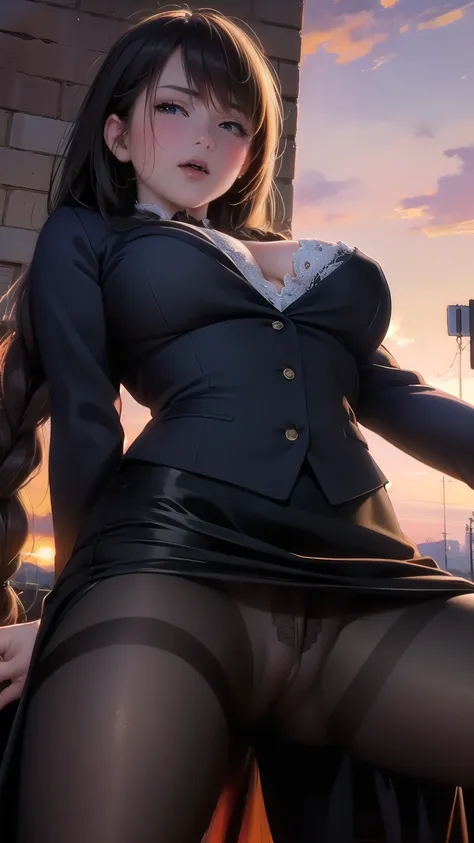 ((styled old westerner oil painting)), (masturbating), eyes realistic sizing, (suit, lace pencil skirt, transparent dark black pantyhose with clitoris), pubic hair, angle from below, braid, (standing and (spread legs)), long dress, on the sidewalk, sunset,...