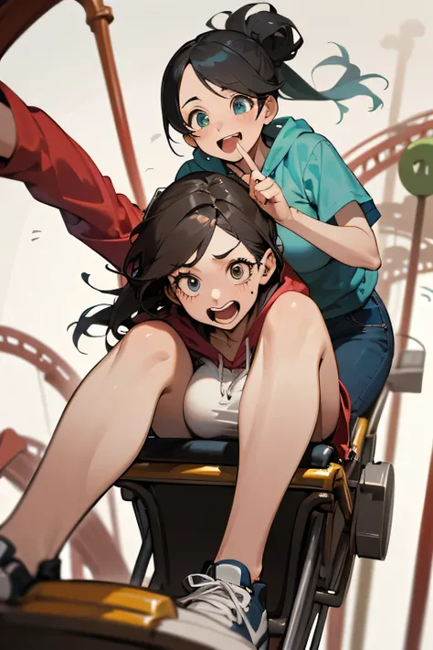 Highest quality、high resolution、(HD:1.4)、masterpiece、detailed background、age beauty、 huge breasts、(very detailed face:1.4)、 detailed expressions 、(detailed eyes:1.4)、anatomically correct、(Normal number of fingers:1.3)、

(Two girls riding an amusement park ...