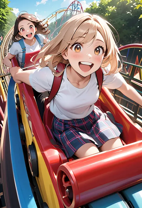 Highest quality、high resolution、(HD:1.4)、masterpiece、detailed background、realistic、 RAW photos 、(Two girls riding an amusement park roller coaster:1.5)、(Excited and big smiles:1.4)、they have a nervous expression and hold the safety bar firmly、they show an ...