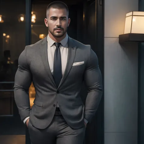 1个张嘴呻吟的 Muscular男人, buzz cut,Flat head,At the entrance of an upscale coffee shop, He wears a dark gray luxury evening dress blazer,Small network pattern texture,Pair it with a shirt and tie ,He groaned in an O shape with his mouth, Lift your chin, buzz cu...