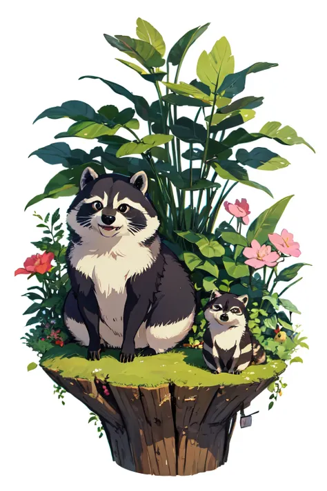 Raccoon, tanuki, cute,  no humans present, no people existing, high-quality illustration, by side