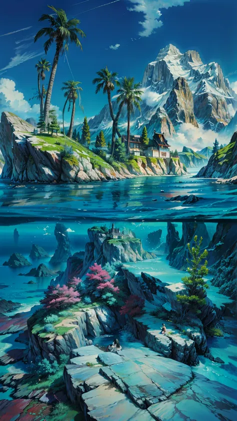  BEAUTIFUL ARTWORK ILLUSTRATION INSPIRED BY SEA VIEW WITH MOUNTAINS IN THE BACKGROUND ,  fantastic seascape , Lads, Ocean Backgrounds  setting, fantasy matte paint，cute,   Underwater Scenery  , ornate I'm wearing a sea background ,  Underwater Scenery , I'...