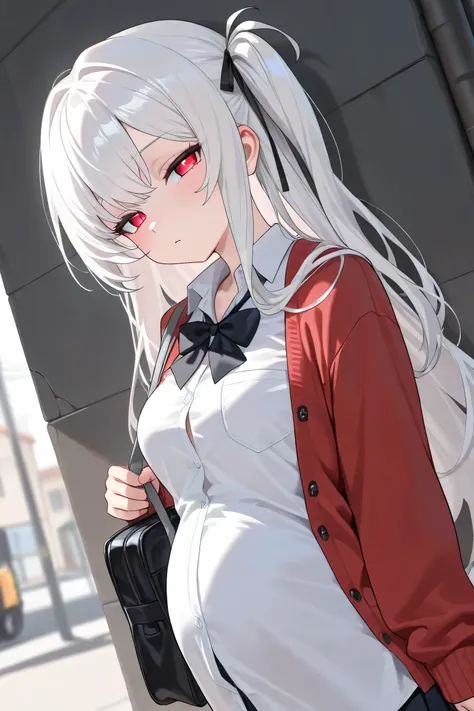 (Best quality, 4k, 8k, high resolution, masterpiece:1.2), ultra detailed, intricate details, beautiful girl, alone, long white hair, bangs, one side of her hair adorned with a black ribbon, red-colored eyes, small-medium breasts, perfect smooth skin, looki...