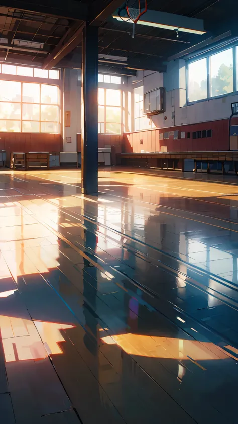 “An empty high school gymnasium bathed in the warm glow of the setting sun. The wooden floor reflects the golden light streaming through the large windows, casting long shadows across the basketball court. A single basketball rests near the sideline, untou...