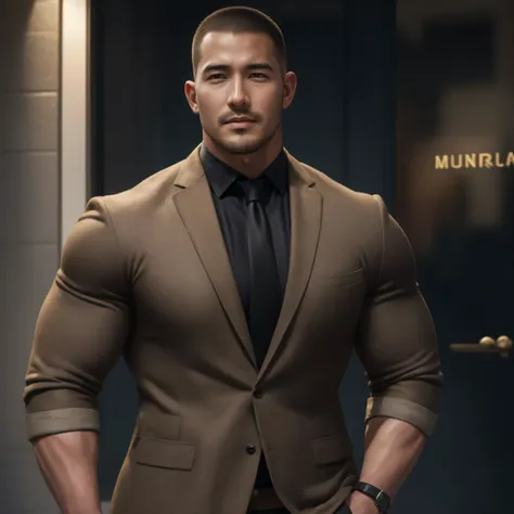 两个 Muscular男人深情拥抱着,  buzz cut，Flat head，At the entrance of an upscale coffee shop， He wears a dark gray luxury evening dress blazer，The premium texture of burlap，Pair it with a shirt and tie ，He has a great smile， Lift your chin, buzz cut,   thick thighs  ...