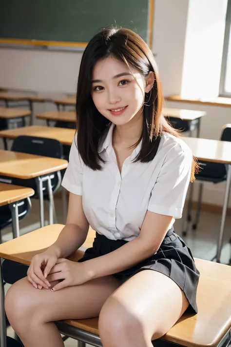  A Girl,Sitting at Classroom Desk, Soft Light ,White student shirt ,Short-sleeved dress ,Open collar,Black Lace Underwear,short black pleated skirt,white socks, big ,Protrusion,long legs,innocent smile 