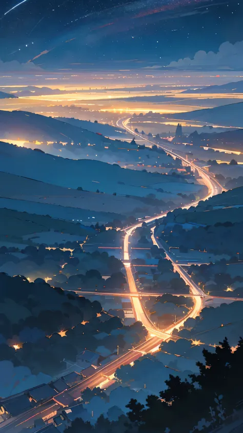 “A gently sloping suburban hill road at night, lined with dimly lit streetlamps. The town stretches out below, its rooftops and streets illuminated by the soft glow of distant city lights. The sky above is a deep indigo, scattered with countless stars. The...