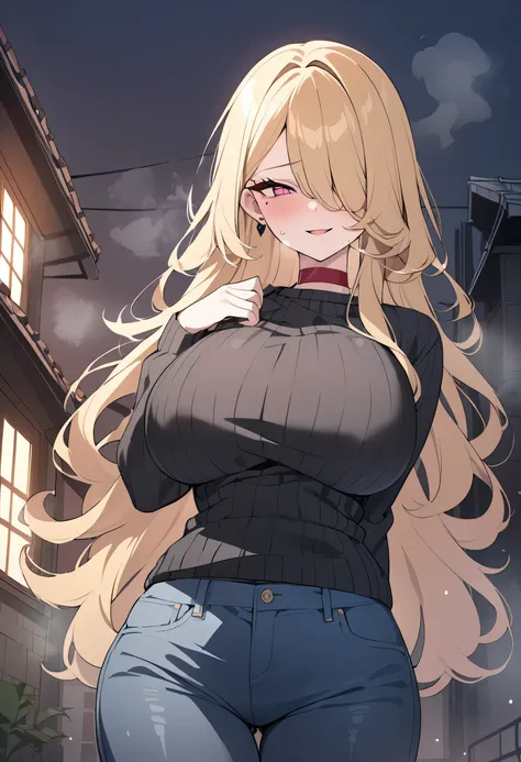 4K,  masterpiece, Highest quality, cowboy shot, mature body, gal、 big breasted, golden hair on the nipple, long hair、 pink eye, mole , Hair covering right eye,  small smile ,  steam coming out of mouth, open lip,  sweater, black sweater, jeans, villain,  R...