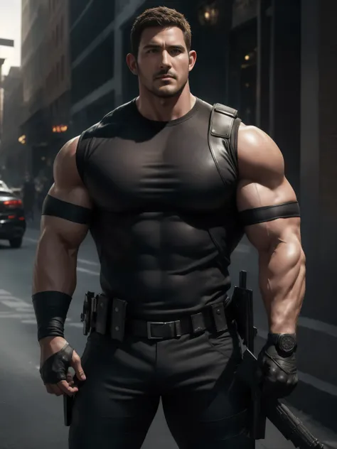 One Tall giant Muscular police officer, Chinese hat , big black mask, Stocking-like gloves, On the outdoor street, Brown Tight Tee, The expression is very arrogant , Lift your chin, Messy Hair , thick thighs , Brown Tight Tee, Very tight, Regular symm...