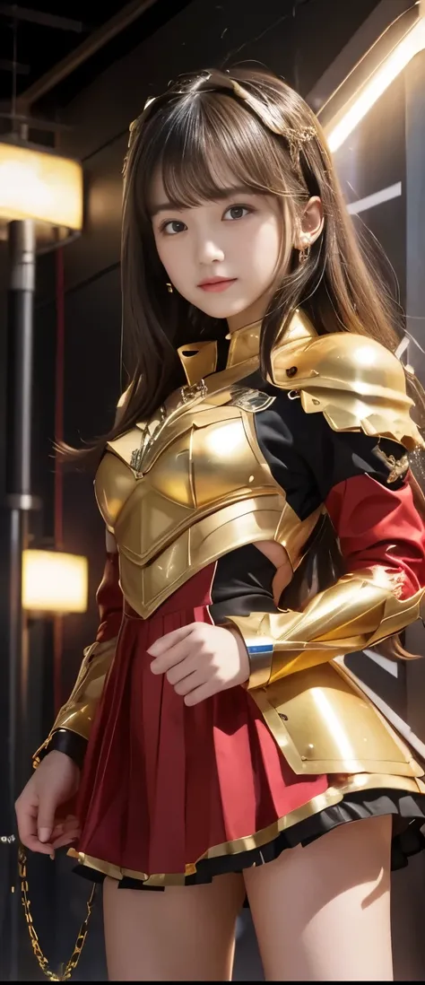 Cool Idol Knight Girl 、A pure girl's face、 hypo、、Gold Sequin Mini Dress（pleated miniskirt）、Red Armor Jacket、Glowing Thunder Chain