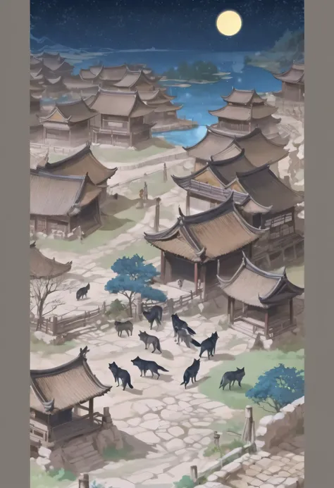 is a picture of a dark night，The village with lots of wolves, Ancient Chinese villages,  drawn as a game concept map , Ancient city landscape, feudal Japanese background ,  In the background of a village in the distance , Town Background, 