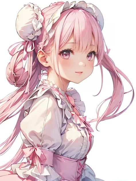(((1 girl))), masterpiece,Highest quality,realistic, upper body,((( white hair ribbon:0.4))), pink eyes,(((white bun hair))),(((long pink hair))),(((Longer hair))),Tama Kunimi、Skin Texture、Your smile is so cute,Beautiful costumes, Exquisite Costumes ,(Loli...