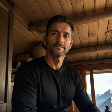 40 years old、handsome guy , 1 man,Black Long Sleeve Tee。 short hair short hair 、Inside the mountain hut、face up