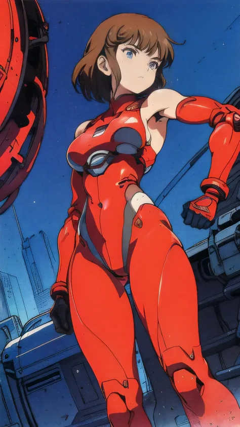 A beautiful girl wearing a red jumpsuit, a high slit swimsuit, the swimsuit looks very sci-fi, with light brown hair, shoulder length short hair, mecha arms, mechanical arms, shooting from bottom to top, perfect figure, beautiful face, background in a sci-...