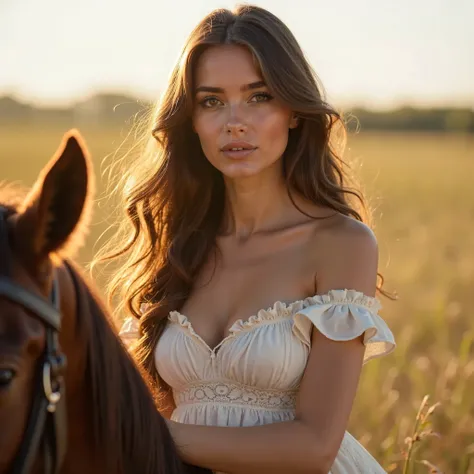 A stunning 30-year-old Ukrainian woman with delicate yet well-defined Slavic features sits gracefully on a horse in an open field. Her high cheekbones, softly sculpted jawline, and slightly upturned nose give her a natural elegance. Her full lips, with a s...