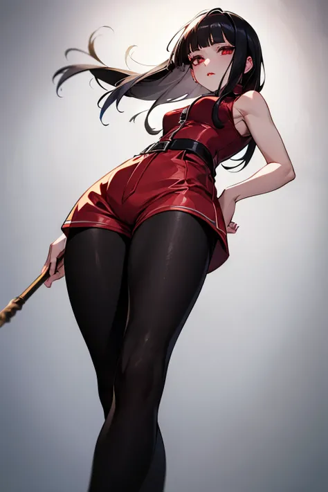 Masterpiece, best quality, 8K, 4K, detailed eye drawing, beautiful anime girl alone, black hair, blunt bangs, long hair, red eyes, red lips, sleeveless, hot pants, black tights, seductive expression, angle from below,