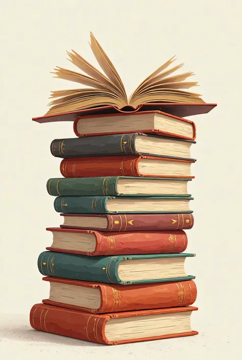 An illustration of a tall stack of books, carefully piled high, with a few open volumes resting on top, suggesting a recent reading session. The worn pages and varied book covers create a sense of history and intellectual curiosity. Soft, warm lighting cas...