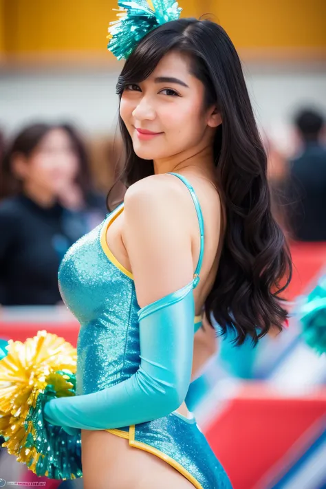 (Cyan glitter cheerleader outfit), navel, yellow pencil skirt, chubby face, looking at camera, front view, black hair, long hair, bangs, (detailed face), at school hall, tempting pose, potrait body, mouth closed, black eyes, 1 girl, 20yo,Young female,Beaut...