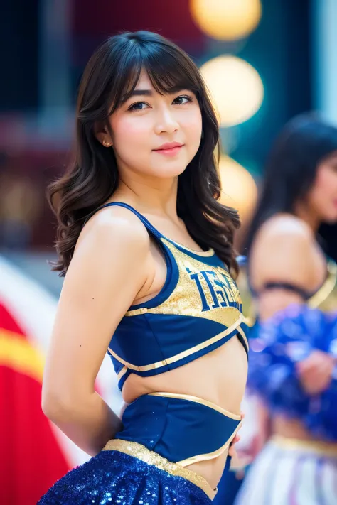 (Gold glitter cheerleader outfit), navel, gold pencil skirt, chubby face, looking at camera, front view, black hair, long hair, bangs, (detailed face), at school hall, tempting pose, potrait body, mouth closed, black eyes, 1 girl, 20yo,Young female,Beautif...