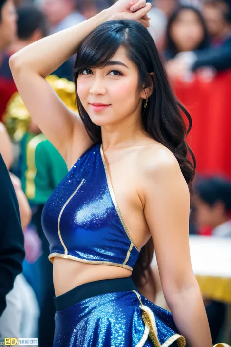 (Gold glitter cheerleader outfit), navel, gold pencil skirt, chubby face, looking at camera, front view, black hair, long hair, bangs, (detailed face), at  school canteen, tempting pose, potrait body, mouth closed, black eyes, 1 girl, 20yo,Young female,Bea...