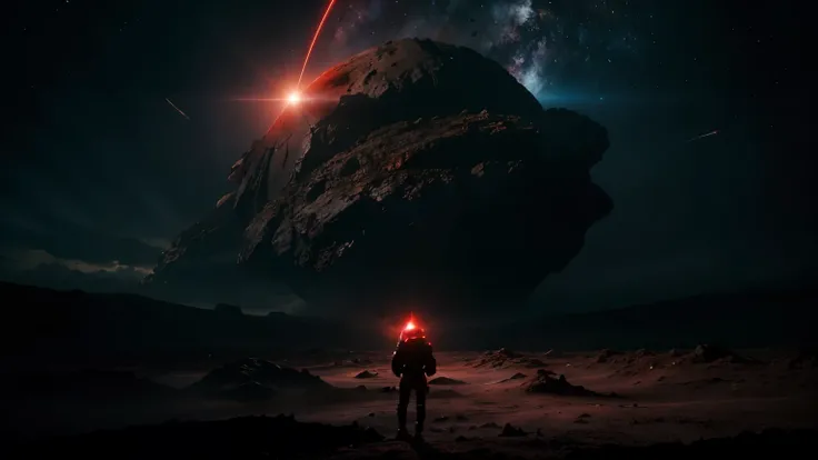 A lone astronaut standing on a desolate, crimson-lit alien world, surrounded by towering black rock formations. The sky is filled with swirling red nebulae and distant dying stars, casting an eerie glow over the barren landscape. The astronaut’s reflective...