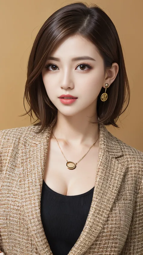 RAW Photos, High resolution, Very detailed, Intricate details, 、ear piercing、、short hair、 pale brown hair、 DARK EYESHADOW 、 Office Lady Suits 、Necklace around the neck、, The background is the office
