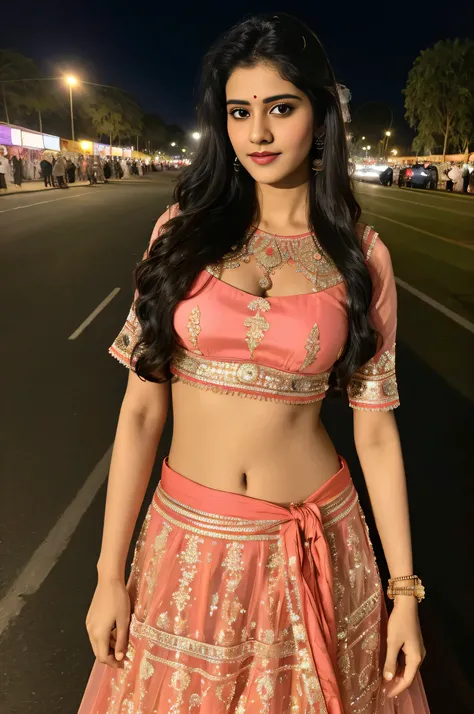 A photorealistic portrait of a 30-year-old Indian woman with big-sized breasts, ,wearing elegant Lehenga and Choli, showing sexy stomach,she is celebrating divali in Street road, night scene,captured in a full-body shot, real hairy pussy, hyper realistical...